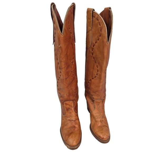 Acme Vintage Brown/Tan Leather Cowgirl Boots Sz 4 1/2 Knee High Top Stitching - Picture 3 of 8